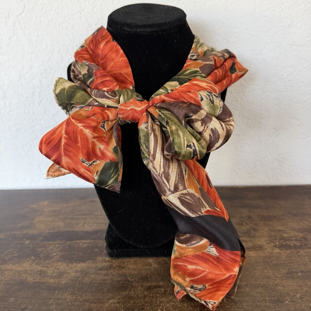 Scarf Vintage Signed‎ Honey 100% Silk Orange Floral Print 80’s